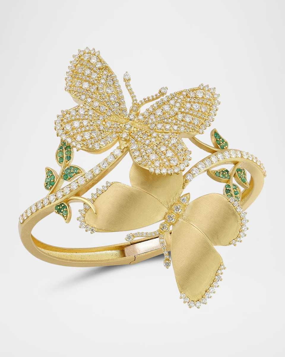 18K Yellow Diamond and Emerald Butterfly Bypass Bangle Bracelet